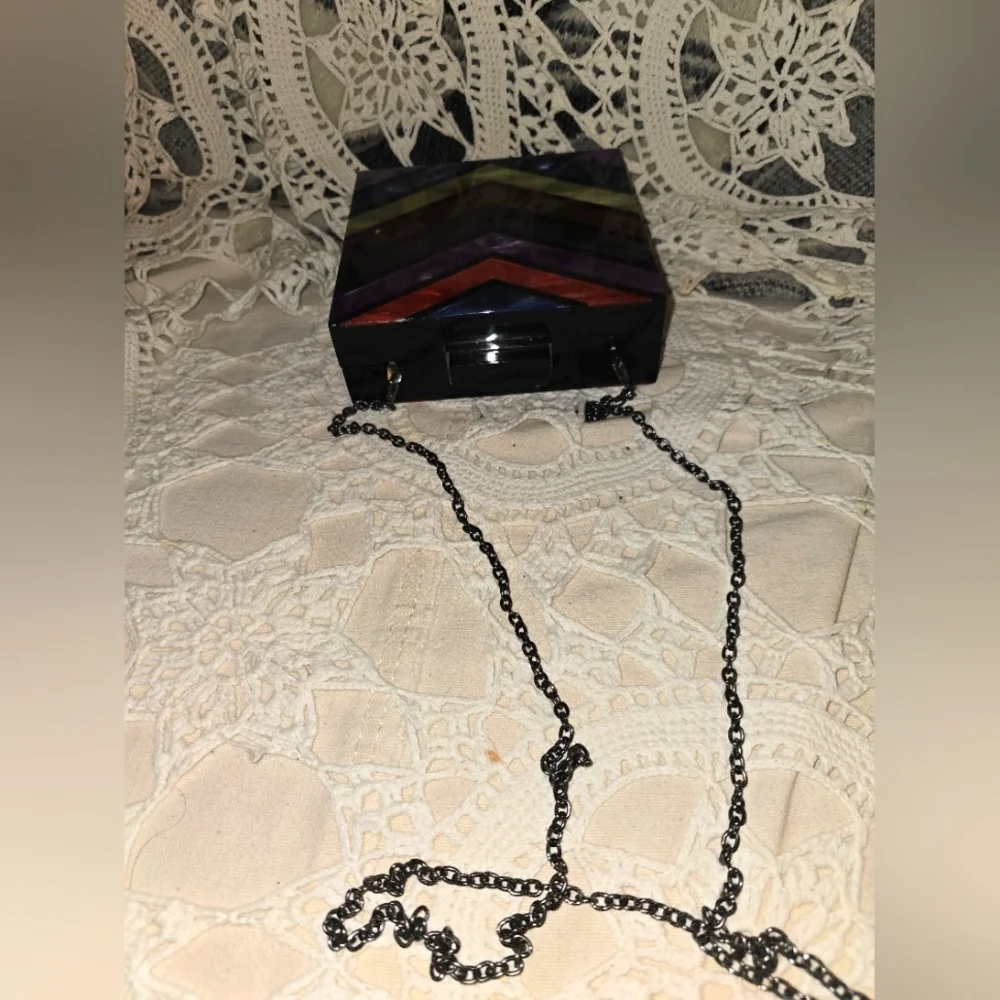 Sandra Roberts Square Handbag, Chain Strap, Multi-colores Clutch, Art Deco Purse